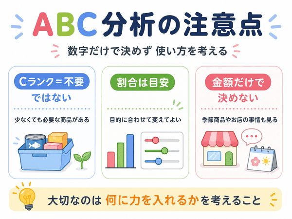 ABC分析の注意点として、Cランクは不要ではないこと、割合は目安であること、金額だけで決めないことを示した図