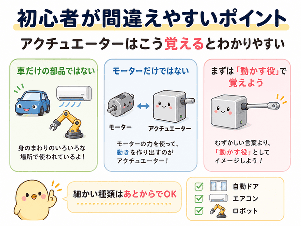 アクチュエーターは車だけの部品ではなく、モーターだけでもないことを説明する図