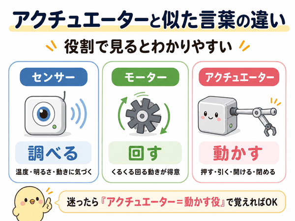 センサー・モーター・アクチュエーターの役割の違いを比較した図