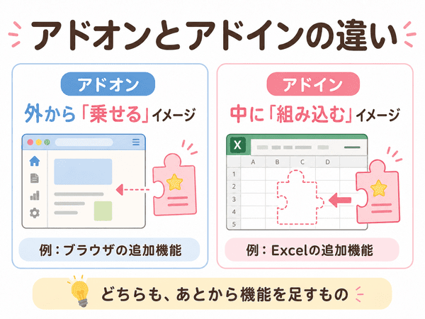 アドオンとアドインの違いを外から乗せる機能と中に組み込む機能で比較