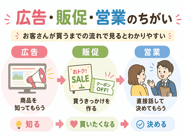 広告・販促・営業の違いを、お客さんが買うまでの流れでわかりやすく示した図解