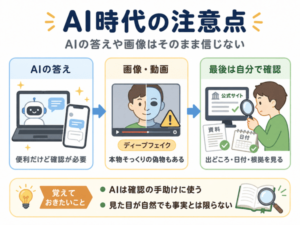 AIの答えや画像動画をそのまま信じず出どころや日付や根拠を確認する注意点