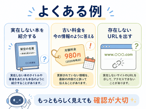 実在しない本、古い料金、存在しないURLなどハルシネーションの例を説明した図