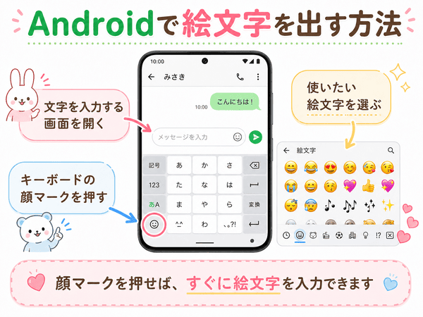 Androidでキーボードの顔マークを押して絵文字を入力する方法を初心者向けに示した図解