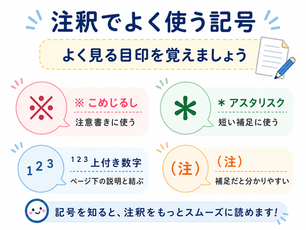 注釈でよく使う記号である米印、アスタリスク、上付き数字、注の使い方を示した図解