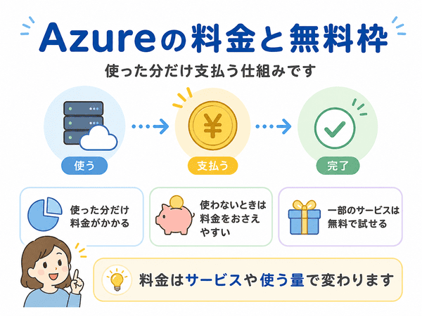 Azureの料金は使った分だけ支払う仕組みで、一部のサービスは無料で試せることを示した図