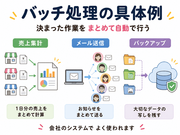 売上集計、メール送信、バックアップなど、バッチ処理の具体例を示した図