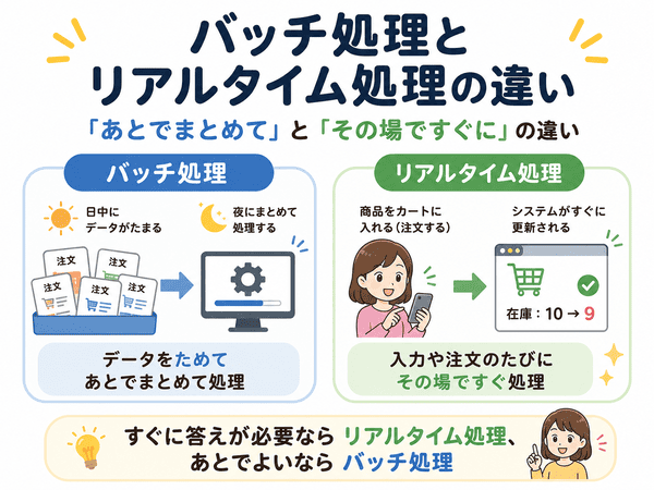 バッチ処理とリアルタイム処理の違いを、あとでまとめて処理する方法とその場ですぐ処理する方法で比べた図