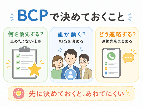 BCPで何を優先するか誰が動くかどう連絡するかを決めておく図