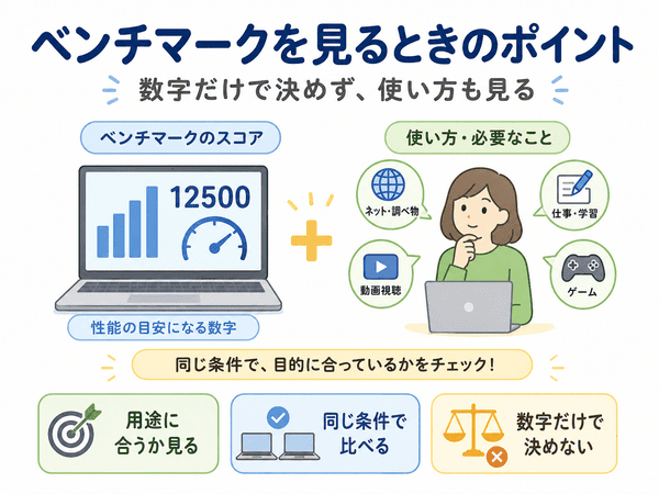 ベンチマークを見るときは数字だけで決めず用途や条件も見ることを示す図