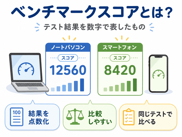 ベンチマークスコアとはテスト結果を数字で表したもので比較しやすいことを示す図