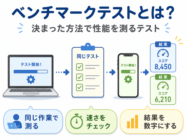 ベンチマークテストとは同じ作業で性能を測り結果を数字にするテストであることを示す図