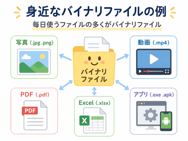 写真、動画、PDF、Excel、アプリなど、身近なバイナリファイルの例