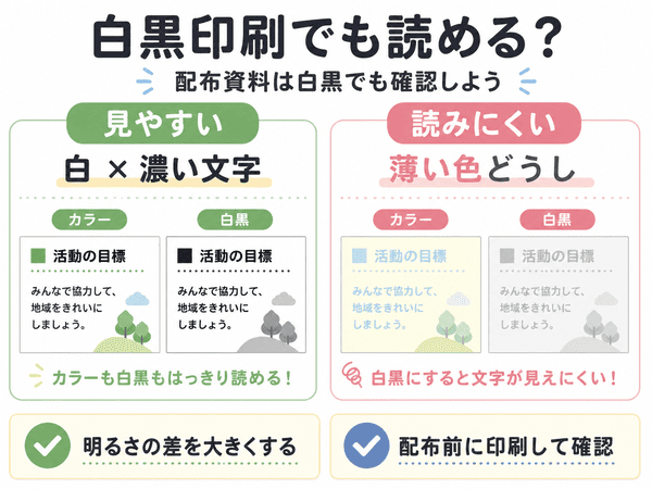 白黒印刷でも読める配色と読みにくい配色の違いを示した図解