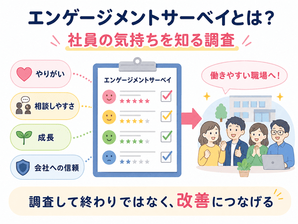 エンゲージメントサーベイは、社員の気持ちを知り、職場改善につなげる調査であることを示す図