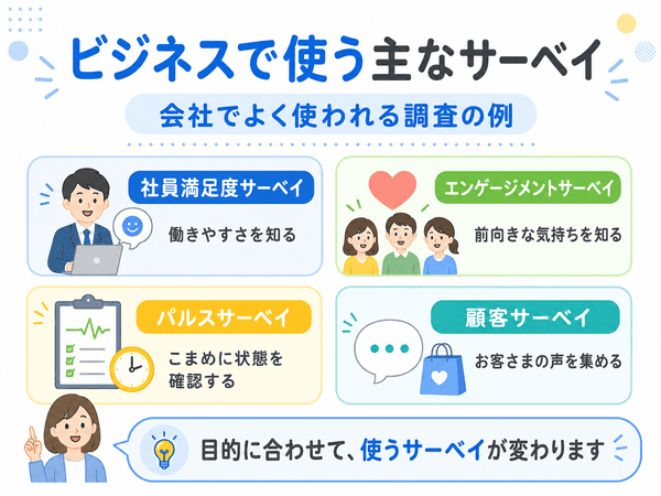 社員満足度サーベイ、エンゲージメントサーベイ、パルスサーベイ、顧客サーベイなど、ビジネスで使う主なサーベイの例を示した図