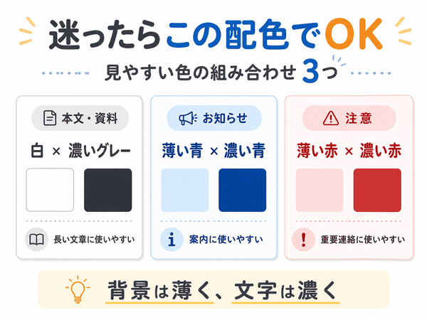 見やすい色の組み合わせとして本文・お知らせ・注意に使いやすい配色を示した図解