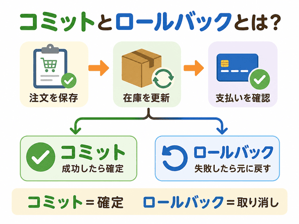 コミットとロールバックの違いをネット注文の流れで説明した図
