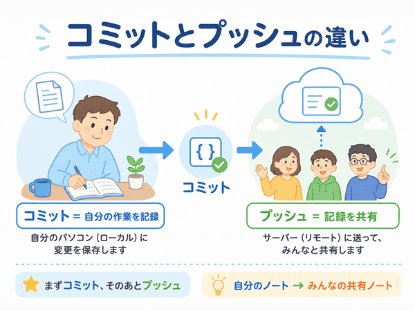 コミットは自分の作業を記録し、プッシュは記録を共有する違いを表す図解