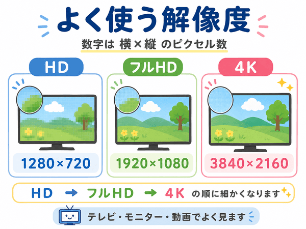HD・フルHD・4Kの解像度の違いを説明した図
