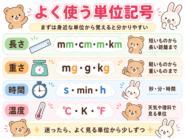 長さ・重さ・時間・温度でよく使う単位記号を初心者向けにまとめた図解