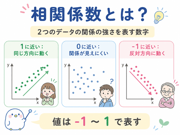相関係数とは2つのデータの関係の強さを表す数字であることを示した図解