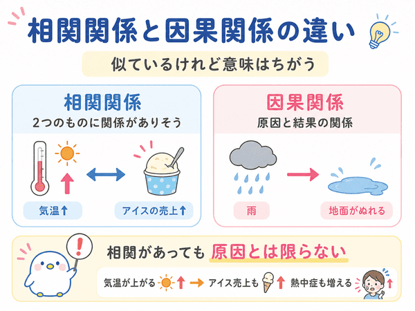 相関関係と因果関係の違いを気温とアイスの売上、雨と地面の例で示した図解
