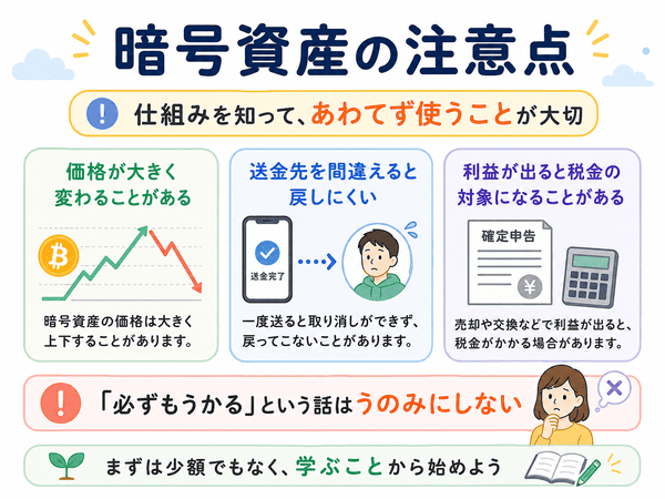 暗号資産の価格変動、送金ミス、税金などの注意点を説明した図