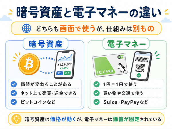 暗号資産と電子マネーの違いを価格変動や使い方で比較した図