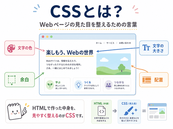 CSSとはWebページの見た目を整える言葉であることを示した図