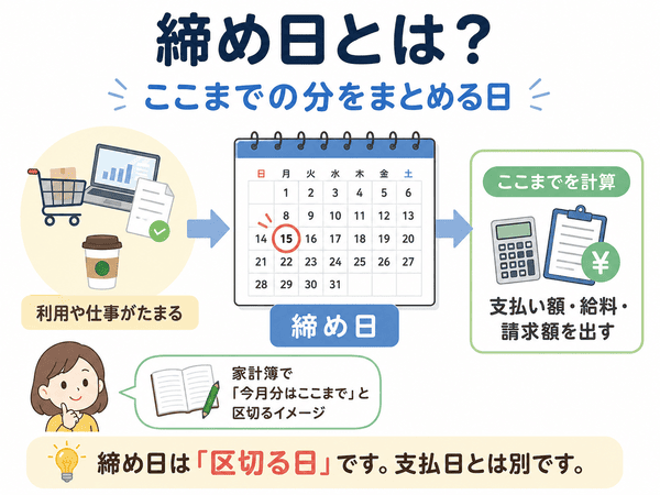締め日とは一定期間の利用や仕事をまとめる日のことを説明する図