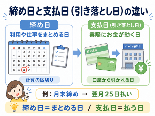 締め日と支払日の違いをカレンダーと銀行口座で説明する図