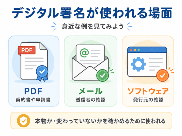 PDFやメールやソフトウェアで使われるデジタル署名の例