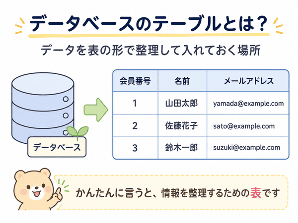 データベースのテーブルとは、データを表の形で整理して入れておく場所であることを示す図
