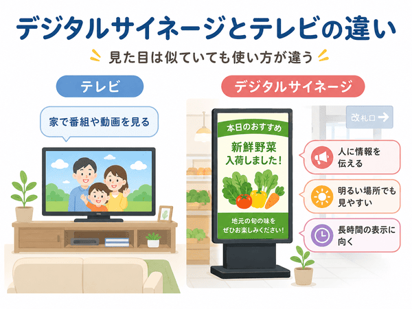 デジタルサイネージとテレビの違いを用途や見やすさで比較した図