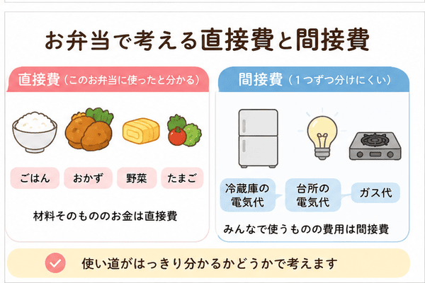 お弁当の例で直接費と間接費を説明した図