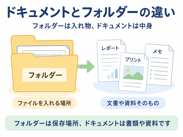 フォルダーは入れ物でドキュメントは中の書類であることを示す図