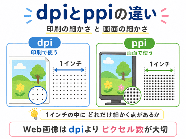 dpiとppiの違いを印刷と画面で説明した図