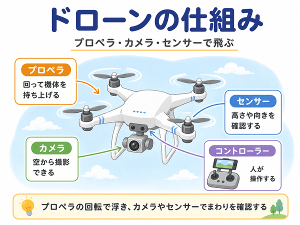 ドローンがプロペラ・カメラ・センサー・コントローラーで動く仕組みを説明する図解