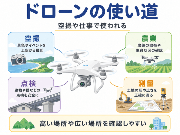 ドローンが空撮・農業・点検・測量で使われることを説明する図解