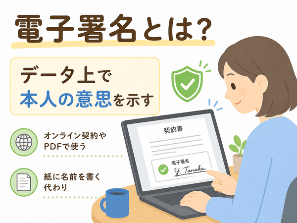 電子署名とはデータ上で本人の意思を示す仕組みであることを説明する図