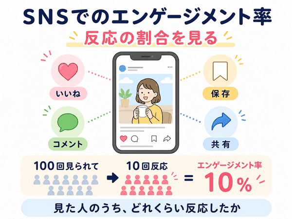 SNSでのエンゲージメント率は、いいね、コメント、保存、共有などの反応の割合を見る指標であることを示す図