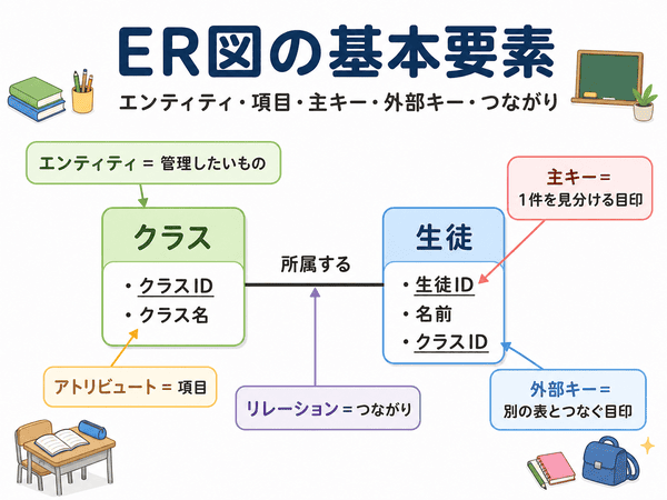 ER図の基本要素であるエンティティ、項目、主キー、外部キー、つながりを示した図解