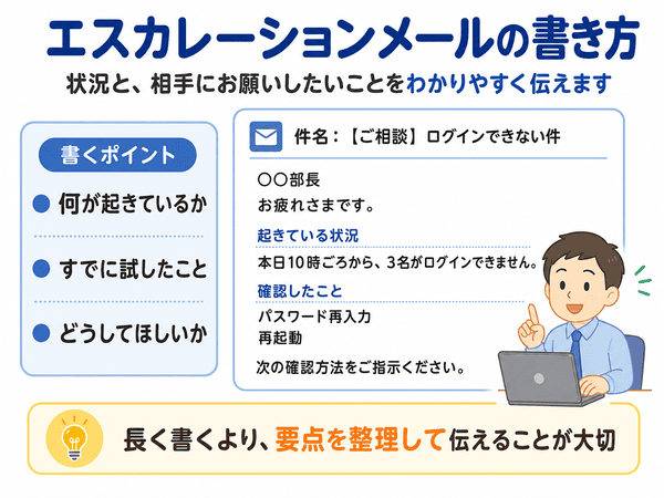 エスカレーションメールは状況と確認したこととお願いしたいことを整理して書く