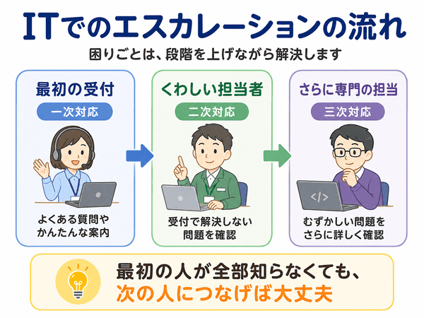 ITでのエスカレーションは最初の受付からくわしい担当者へ段階的に引き継ぐ流れ