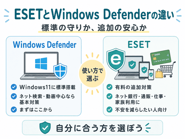 ESETとWindows Defenderの違いを標準の守りと追加の安心で比較した図解