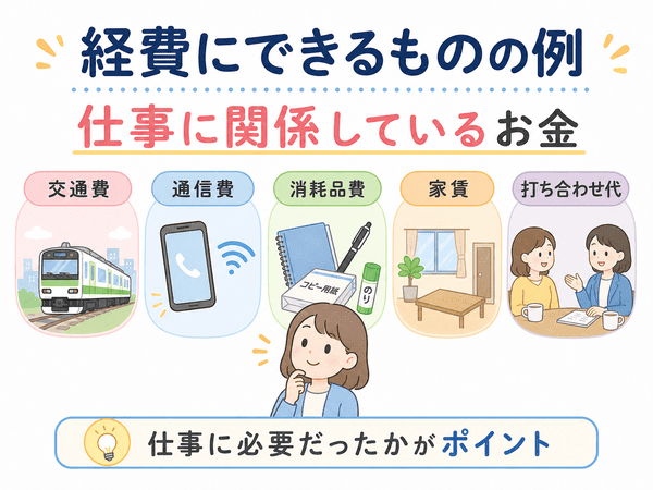 経費にできるものの例として交通費、通信費、消耗品費、家賃、打ち合わせ代を示した図