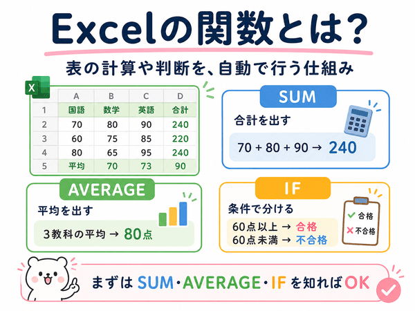 ExcelのSUM関数、AVERAGE関数、IF関数の基本例を示した図