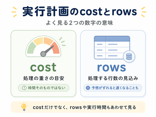 実行計画のcostとrowsの意味を、処理の重さと行数の見込みとして説明した図