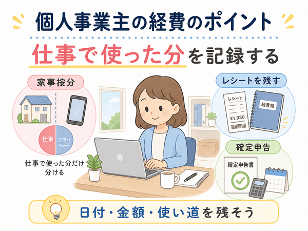 個人事業主の経費のポイントとして家事按分、レシート保存、確定申告を示した図